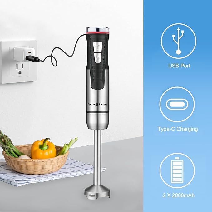 Liebe&ampLecker Immersion Blender Handheld Cordless 3 in 1 Cordless Hand Blender 8 Speed Emulsion Blender Handheld with Whisk Milk Frother for Soup Smoothie