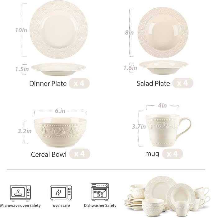 Embossed Strawberry Ceramic Dinnerware Set 16-Piece for 4 Ivory White Non-Slip Plates Bowls &amp Mugs Microwave &amp Dishwasher Safe Premium Kitchen Table Setting Statement Pieces