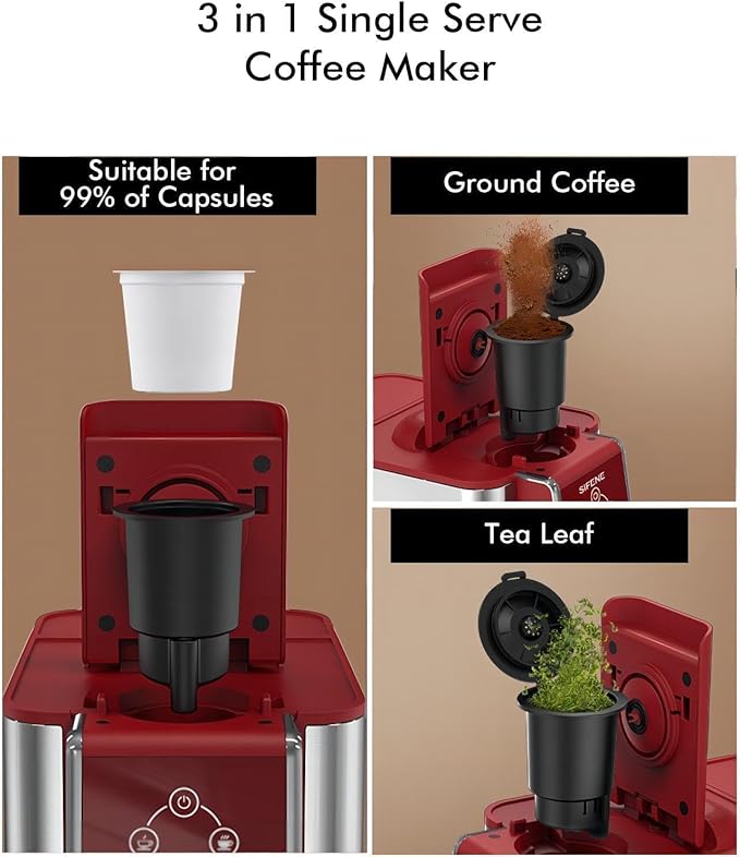 Single Serve Coffee Maker - 3-in-1 K Pod Coffee Machine Ground Leaf Tea 50oz Reservoir Red