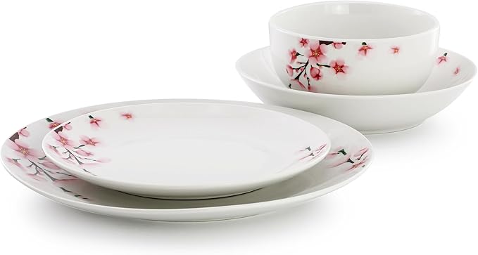 Elama Tamara 16 Piece Cherry Blossom Porcelain Dinnerware Set Service for 4 in White and Pink