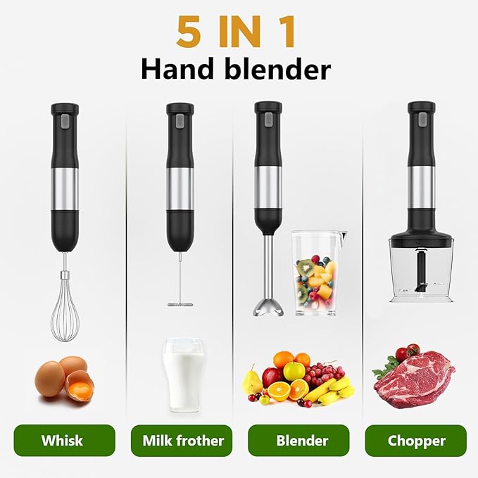 Cordless Immersion Hand Blender 5-in-1 Variable Speed blender handheldRechargeable with 2000mAh Battery BPA-Free &amp Dishwasher-Safe Accessories:700ml BeakerChopperWhisk &amp Milk FrotherBlac