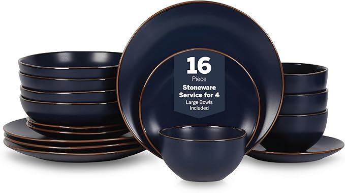 Stone Lain Brasa Stoneware 16 Piece Modern Dinnerware Sets Plates and Bowls Service for 4 Blue Microwave &amp Dishwasher Safe
