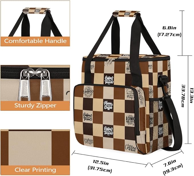 cfpolar Coffee Brown Grid Coffee Maker Carrying Bag Coffees Machine Travel Storage Bag Compatible with K-Mini or K-Mini Plus Portable Single Serve Coffees Brewer Case with Pockets for K-Cup Pods