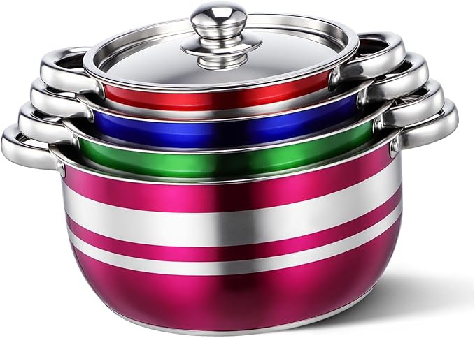 BESPORTBLE 4pcs Stainless Steel Pot Set with Base Induction Cooktop Compatible Kitchen Stockpots Easy-clean Cookware for Pasta Soup and Everyday Cooking