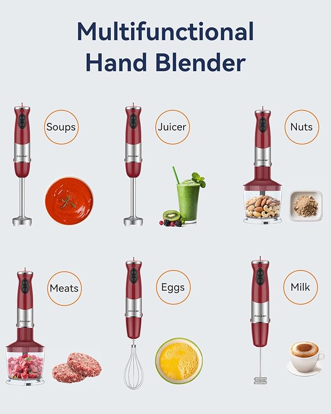 Immersion Blender Handheld 1000W 5 in 1 Corded Stick Hand Blender Kitchen with 12 Speed BPA-Free Mixing Beaker Chopper Whisk Milk Frother Perfect Emulsifier for Soup Baby Food Sauce Puree