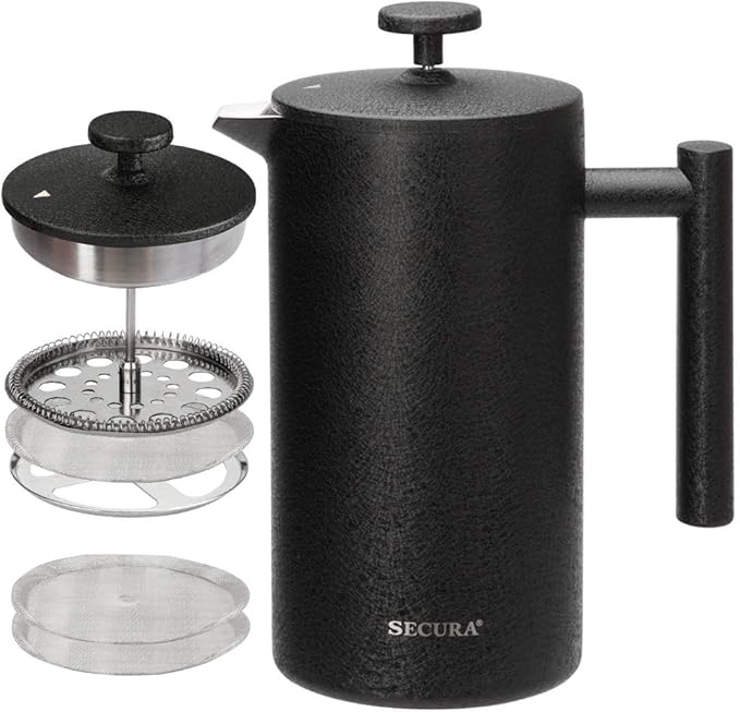 Secura French Press Coffee Maker 304 Grade Stainless Steel Insulated Coffee Press with 2 Extra Screens 34oz (1 Litre) Black