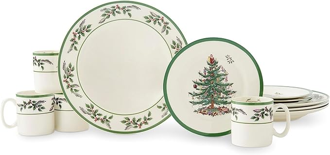 Spode Christmas Tree 12-Piece Dinnerware Set (Service for 4) - Festive Holiday Tableware with Plates &amp Mugs - Fine Earthenware Christmas Dinnerware - Microwave &amp Dishwasher Safe