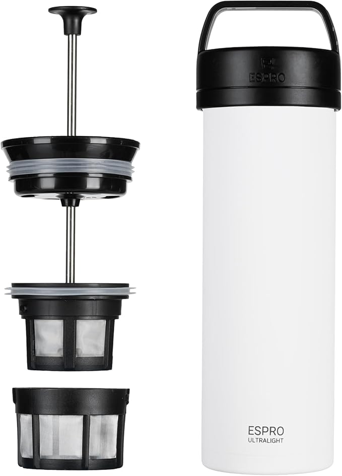 ESPRO P0 Ultralight French Press Coffee Maker for Travel Vacuum Insulated Stainless Steel 16 Ounces Chalk White