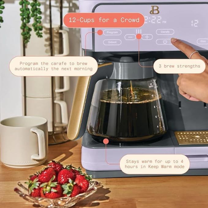 Beautiful Multi-Brew Commercial-Grade 12-Cup &amp Single-Serve Coffee Maker with Over Ice Option for Business and Personal Use by Drew Barrymore (Lavender)