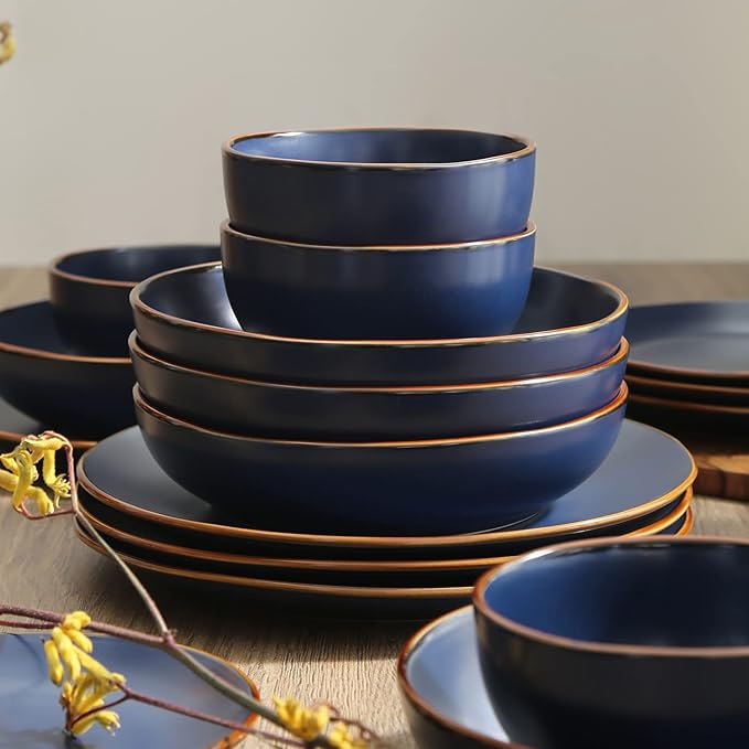 Stone Lain Brasa Stoneware 32 Piece Modern Dinnerware Sets Plates and bowls Service for 8 Blue Microwave &amp Dishwasher Safe