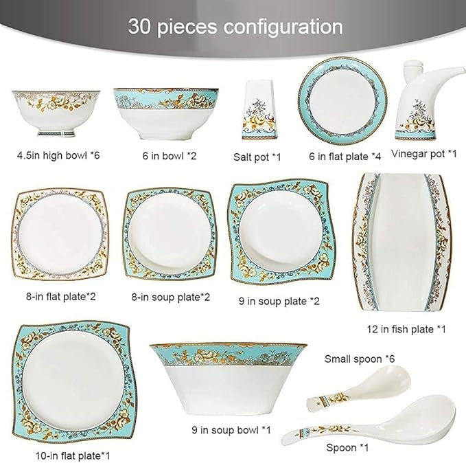 Dinnerware Set Dinner Party Tableware Service Set Ceramics Dinnerware Set with 50-Piece Bowl/Stockpot/Dish/Spoon|Bone China Dinner Sets Porcelain Combination Set30pieces