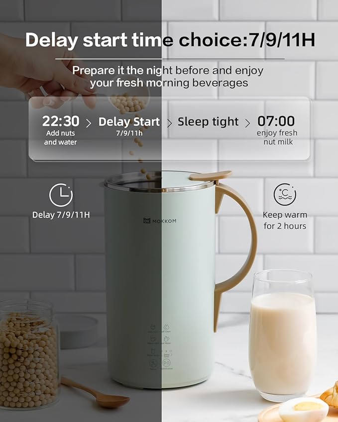 MOKKOM Nut Milk Maker Automatic Almond Milk Machine for Homemade Plant-Based Beverages Oats Soy Dairy Free 20 oz With Delay Start/Keep Warm/Self-Clean/Boiling Cardamom Green