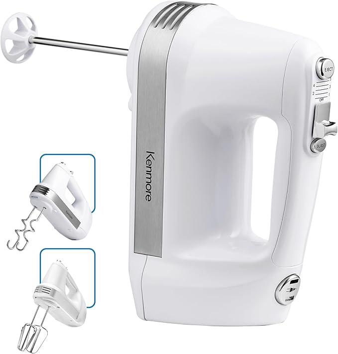 Kenmore Electric Hand Mixer – 5 Speed Handheld Blender Electric Egg Beater with Whisk Beater Dough Hooks Storage Case Turbo Boost for Cake Mix Batidora de Mano Eléctrica