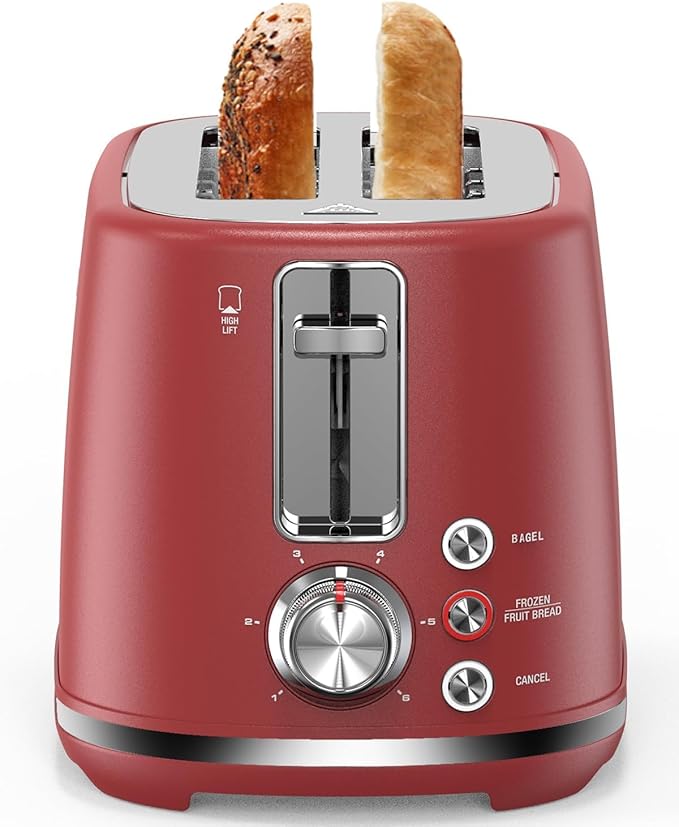 LONGDEEM LD-T7014D - 2 Slice Toaster - Extra Wide Slots 6 Browning Settings Removable Crumb Tray Red
