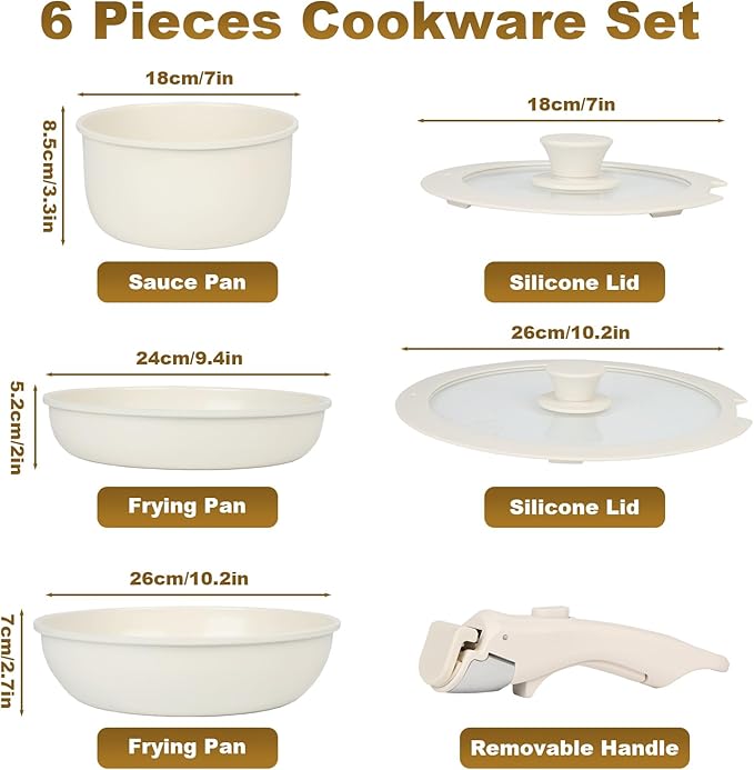 6-Piece Ceramic Cookware Set - Dishwasher Safe Nonstick Pots and Pans Set with 2 Lids and Detachable Handle Including 9inch Frying Pan 11inch Frying Pan 7inch Soup Pot All Stove Compatible
