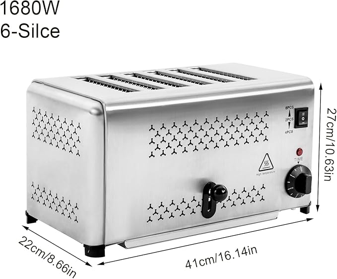 6 Slice Bread Toaster 1650W Stainless Steel Commercial Toaster with Wide Slots Electric Bread Baking Machine with Timing Function 5 Settings for Restaurant Kitchen Bakery Home Use