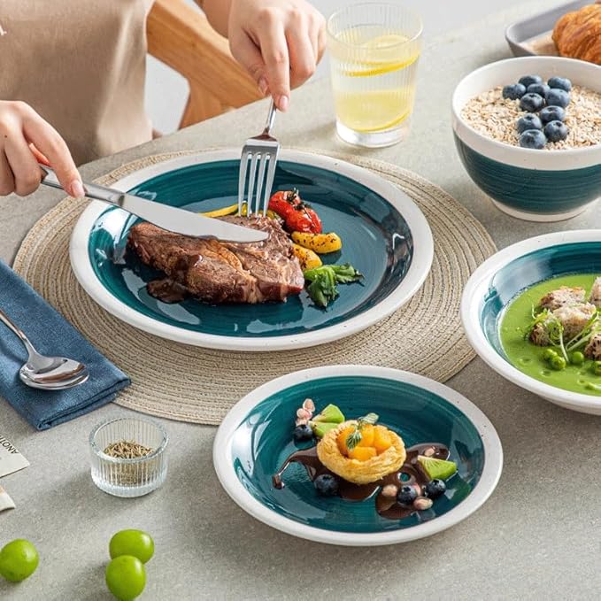 16 Piece Color Stoneware Tableware Set with Dinner Dessert Plate Cereal Pasta Bowl for 4 Person