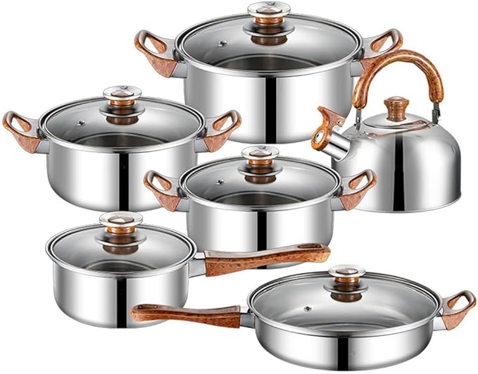 12 Piece Pot Handle with Kettle Cooking Pan Kitchen Cookware Non Stick Cooking Pot Set Stainless SteelNatural Color 12Ps12 Ps-Natural Color 12ps-12 ps
