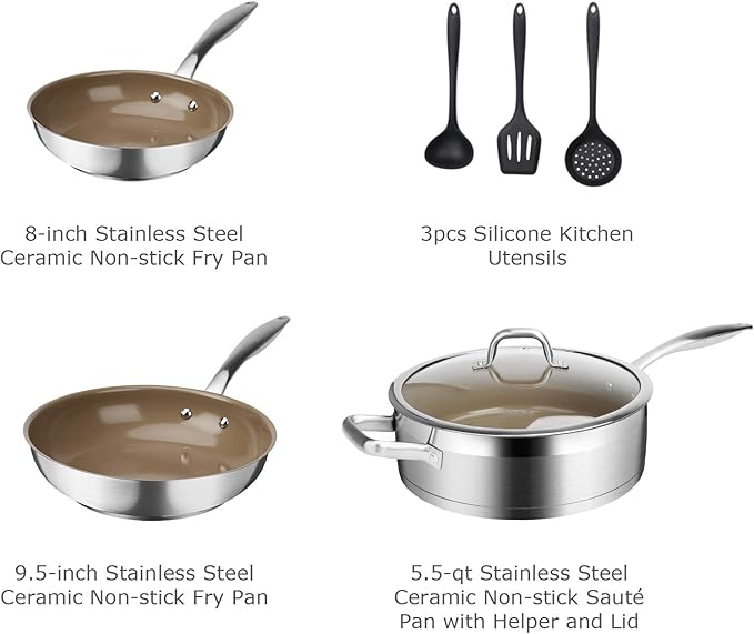 Duxtop 7PC Stainless Steel Ceramic Coated Nonstick Pans Set Induction Frying Pans Non-stick Saute Pan with Lid Impact-bonded Technology