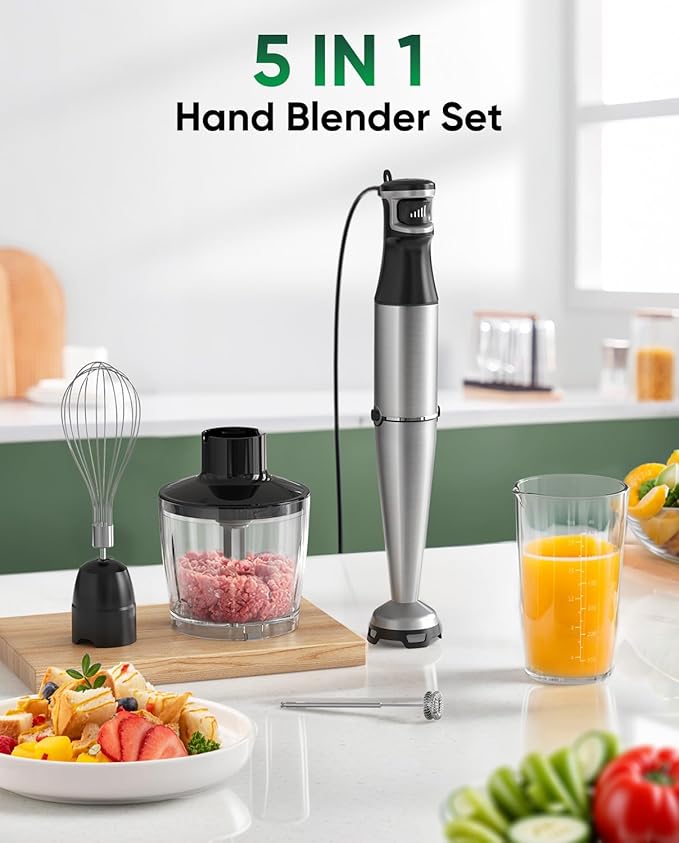 Immersion Hand Blender 5 in 1: 800W Electric Blender Handheld Stick Mixer with Trigger Control Grip Emulsion Blenders for Kitchen Soup Mayo Smoothie and Baby Food with Chopper Whisk and Frother