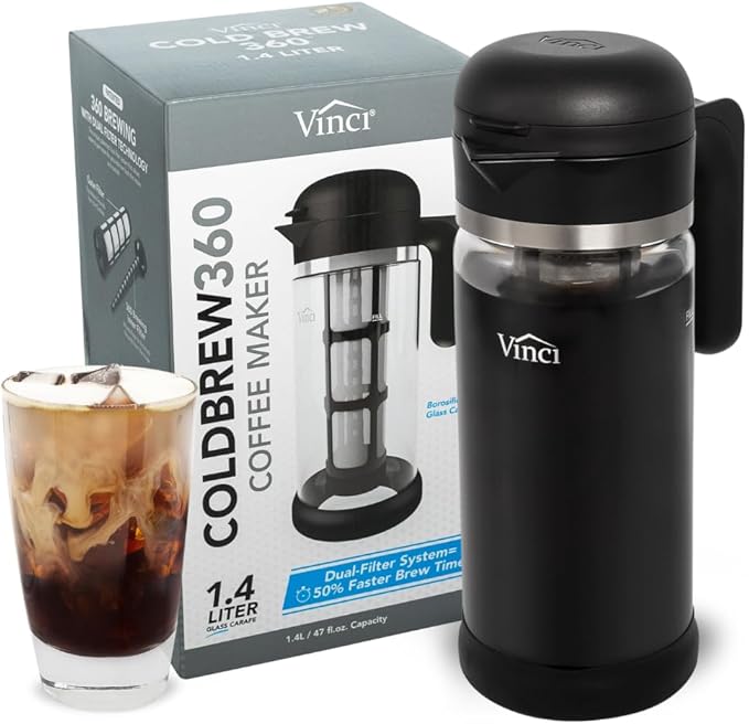 VINCI Cold Brew 360 Glass Cold Brew Coffee Maker Featuring Patented Dual Filter 360 Brewing Technology Cold Brew for Iced Coffee (1.4 Liter / 47 FL.OZ)