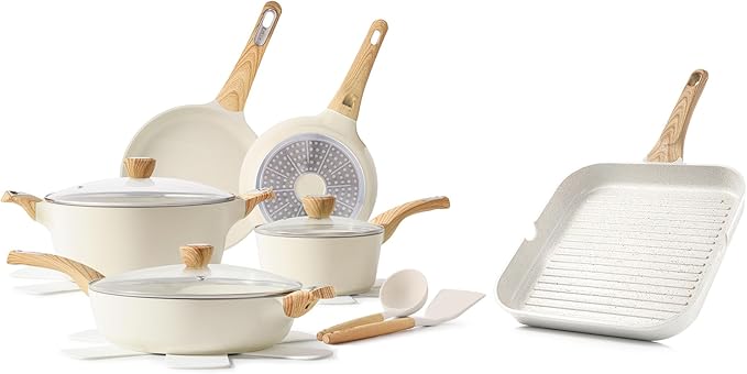 SENSARTE Ceramic Cookware Sets Pots and Pans Set Non stick 14-Piece Induction Cookware9.5 Inch Nonstick Grill Pan