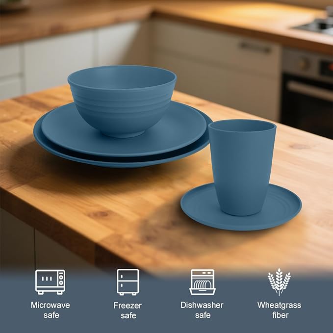 Wheat Straw Dishes Set 40 PCS Unbreakable Dinnerware Set of 8 - Dinner Plates Cereal Bowls Water Cup Lightweight Reusable Microwave &amp Dishwasher Safe Bowls for Kitchen and Outdoor - Blue
