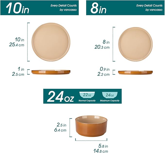 vancasso ONION Ceramic Plates and Bowls Sets 12 Pieces Brown Dinnerware Sets and 12 oz Coffee Cups Ceramic Stoneware Mugs with Handle for Latte Tea