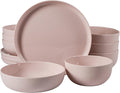 Gibson Home Candy Skies 12 Piece Unbreakable Wheat Straw Melamine Plates and Bowls Dinnerware Set - Outdoor Camping &amp Everyday Use - Matte Exterior/Shiny Interior Pink