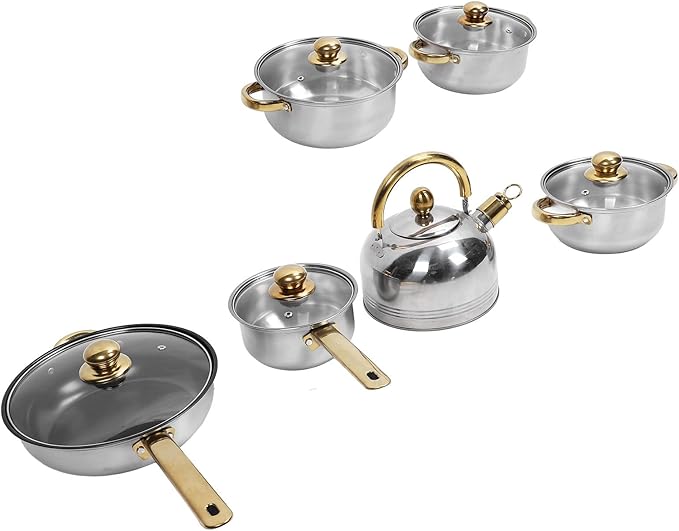 Premium Stainless Steel Cookware Set Rustproof and Stick Proof Safe for Home Kitchen and Restaurant Use (Gold Handle with Kettle)