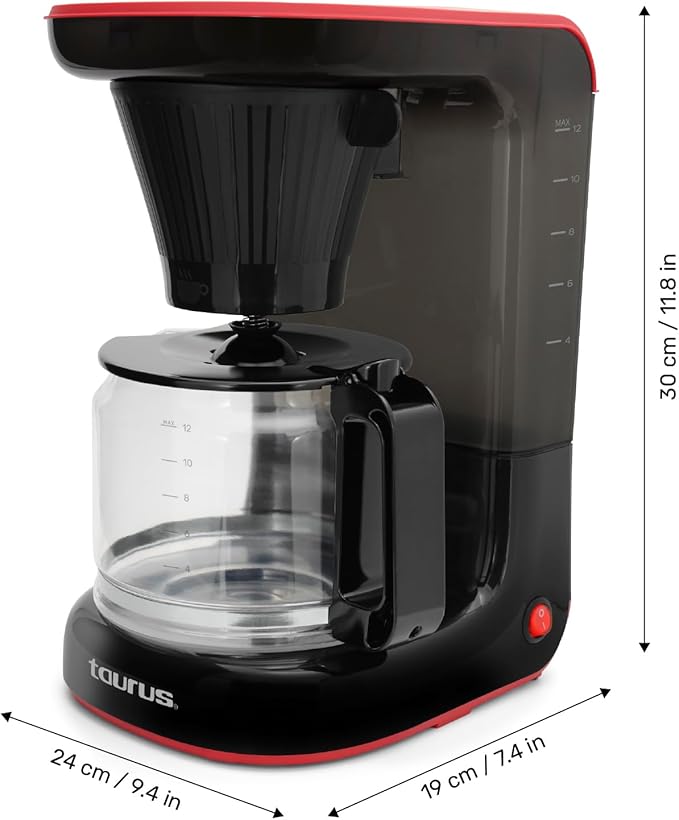 Taurus Velvet 12-Cup Drip Coffee Maker Glass Carafe Modern Compact Design Non-Programmable Easy-Clean Reusable Filter Auto Shut-Off Black