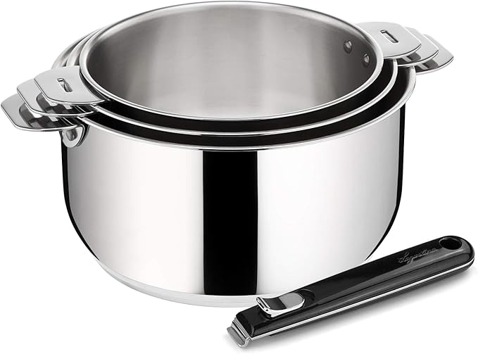 Lagostina Salvaspazio 3 Stainless Steel Saucepans 18/10 + Removable Black Handle 4 Pieces Induction Gas and Oven Diameter 16 18 and 20 cm Stackable and Easy to Store 3 Layer Bottom