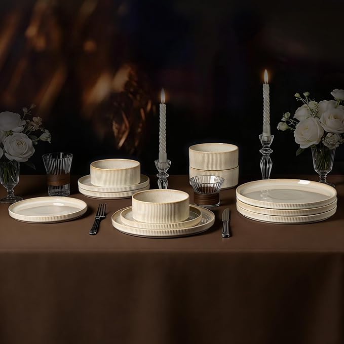 Stoneware Dinnerware Sets Plates and Bowls Sets for 4 12-Piece Ribbed Dishes – Chip &amp Scratch Resistant Microwave and Dishwasher Safe Tableware Beige