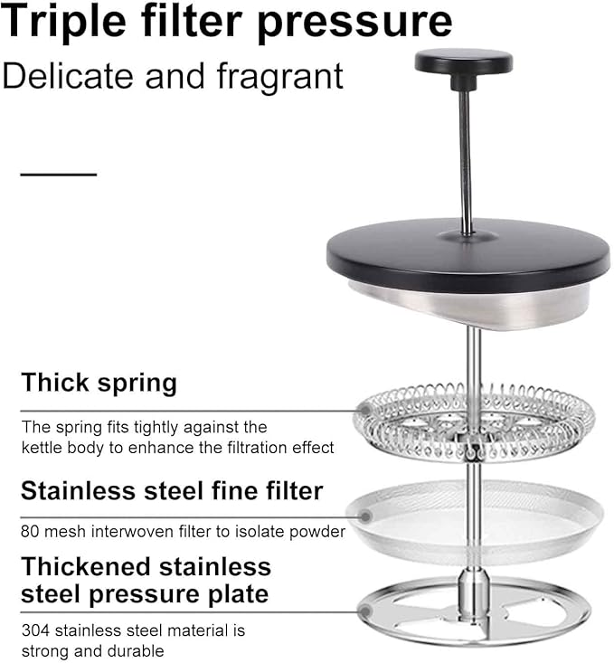 Enfmay 1000ml French Press Coffee Maker 304 Stainless Steel Double Wall Insulated Coffee Maker Pot Triple Filtration System for Optimal Brew Coffee Tea Maker for Home Office Camping