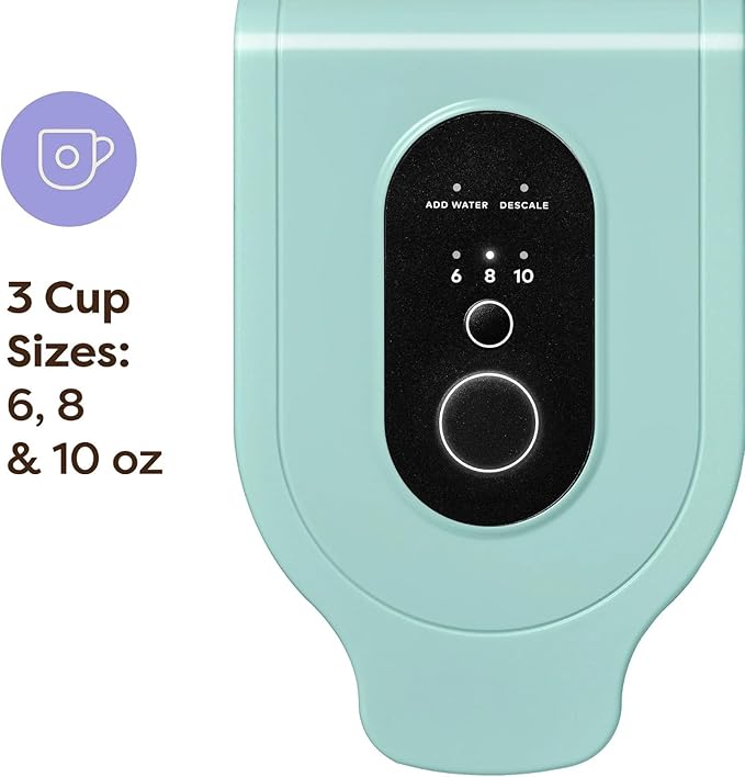 Express Essentials Single-Serve Cup Pod Coffee Maker 3 Cup Sizes Fast Fresh Brew 30oz Removable Water Reservoir Travel Mug Friendly Maintenance Alert Space-Saving (Seafoam Green)
