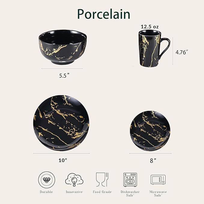 Modern Porcelain 16 Piece Black Dinnerware SetPlates and Bowls SetsGold Dish Set for 4Black Dinnerware SetDinner Sets with Dinner Plates