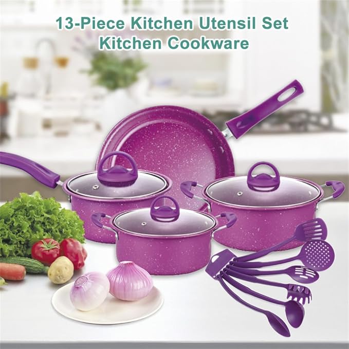 Non Stick Pots and Pans Set 13 Piece Kitchen Utensil Set Kitchen CookwareBlack13 Piece-Red-13 Piece
