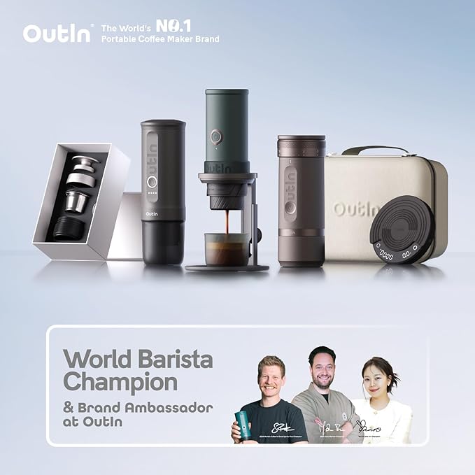 OutIn Nano Portable Electric Espresso Machine with Fino Portable Electric Coffee Grinder Brown &amp Grey