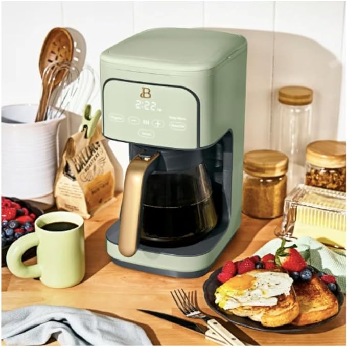 12-Cup Programmable Coffee Maker with Touch Display– 24-Hour Auto Brew Bold Strength Control Glass Carafe Reusable Filter~Sage Green