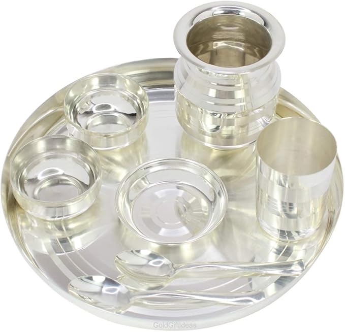 12 Inch Silver Plated Dinner Set for Home Dinnerware Set for Kitchen with Marwari Lota Silver Dinner Thali Set Buffet Dinner Set Occasional Gift