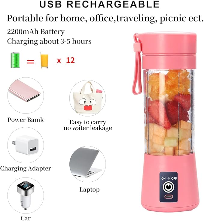 Electric USB Juicer Blender Portable Juicer Cup 380ml Water Bottle Juicer Machine with 6 Blades 2000mAhpink