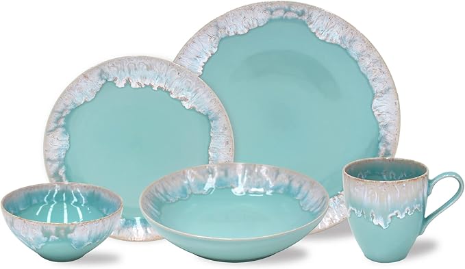 Casafina Ceramic Stoneware 5-Piece Place Setting Service for 1 - Taormina Collection Aqua | Microwave &amp Dishwasher Safe Dinnerware Set | Food Safe Glazing | Restaurant Quality Tableware