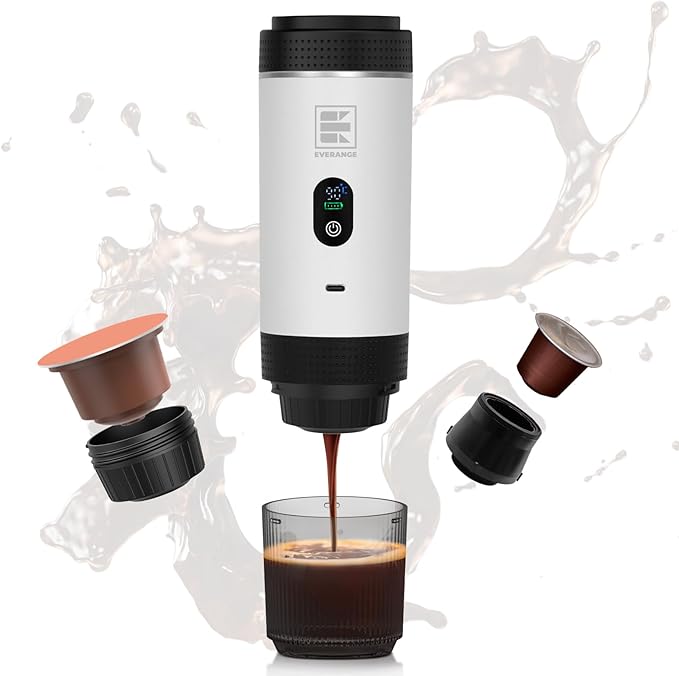 Portable Electric Espresso Machine Travel Coffee Maker Brewer Compatible with Ground Coffee &amp NS Capsules (White with LCD Screen)