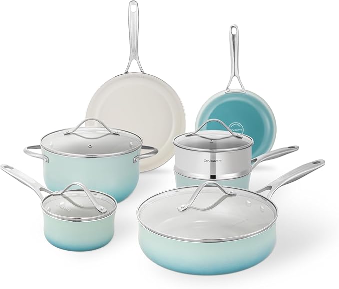 Kitchen Pots and Pans Set Non Stick 11 Pcs Ceramic Cookware Set with Stay-Cool Handle Pot and Pan Set NonToxic PFOA/PFAS Free Dishwasher/Oven Safe Evenly Heats Enamel Exterior - Teal