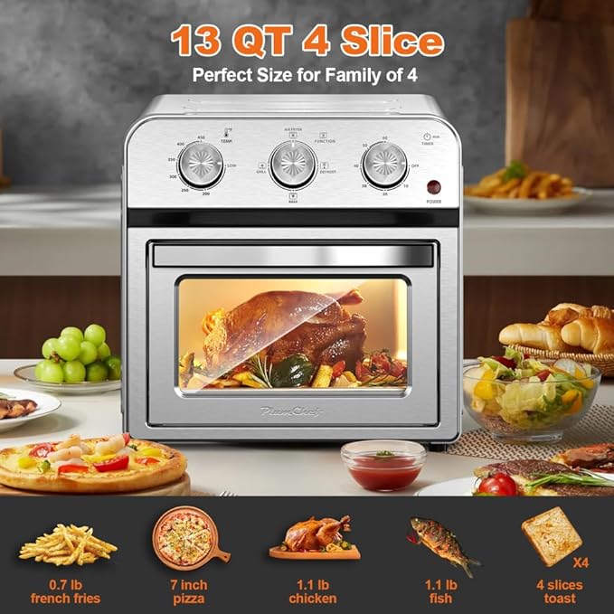 Air Fryer Toaster Oven Combo 13QT 11-in-1 Multifunctional Convection Countertop Oven with Rotisserie Bake Roast Toast Dehydrate Healthy Oil-Free Cooking Stainless Steel