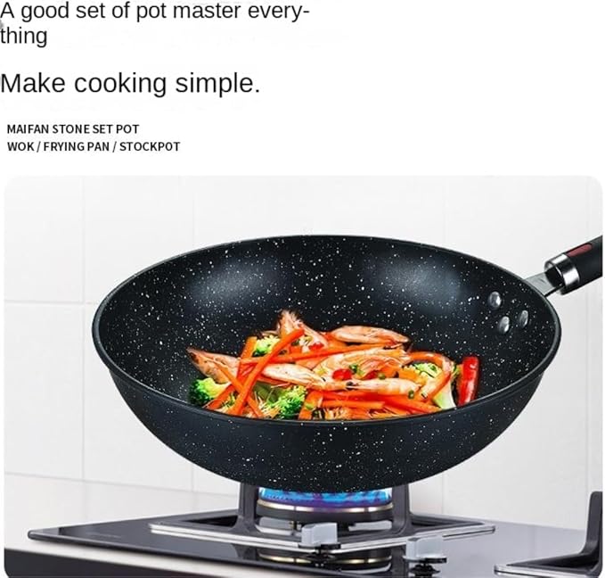 Cookware Set Pots and Pans Set 3Pcs Cookware Set Soup Pot with Glass Lid Wok Frying Pan Wrought Iron Medical Stone Non-Stick Cooking Pot Set Kitchen Cooking Pot Set Cooking Pan Set