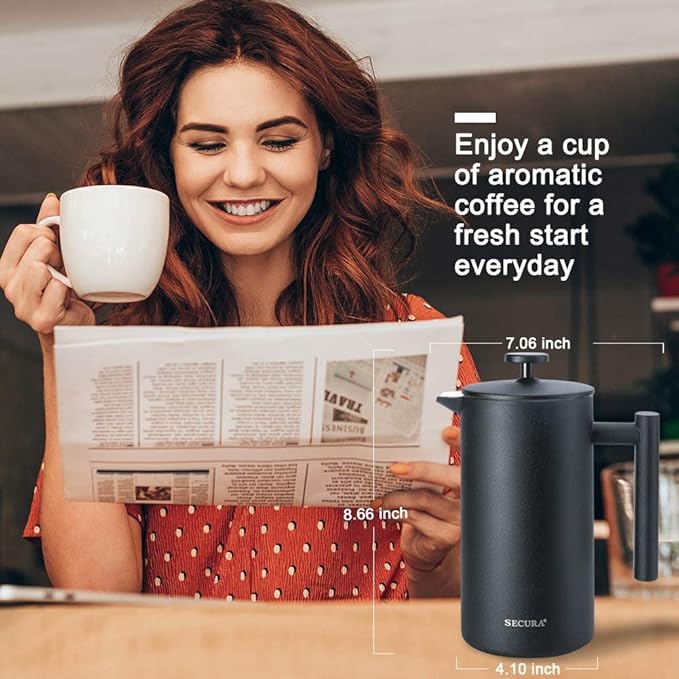 Secura French Press Coffee Maker 304 Grade Stainless Steel Insulated Coffee Press with 2 Extra Screens 34oz (1 Litre) Black