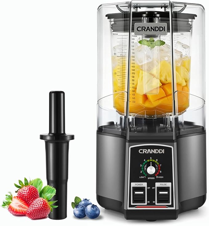 CRANDDI Commercial commercial blender - 80oz Blender with Tamper and Removable Soundproof Cover Quiet Blenders for Smoothies Countertop Blenders for Ice Crushing Blending 1500W K85 (Gray)