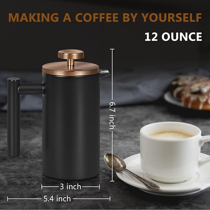 Black Mini French Press Coffee Maker 12oz Single Cup French Press with Rose Gold Lid 3 Extra Filters &amp 1 Gold Spoon(350ml Compact Travel Size) Dishwasher Safe