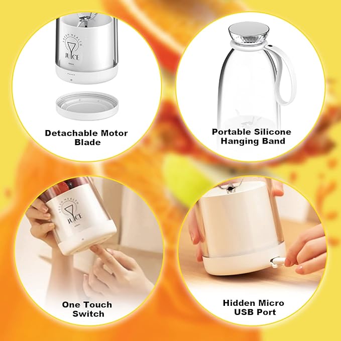 Portable Blender 500ML Personal Blender for Shakes and Smoothies Personal Size Blender Traveling Fruit Veggie Juicer Cup USB Rechargeable with Six Blades for Sports Travel and Outdoors (white)